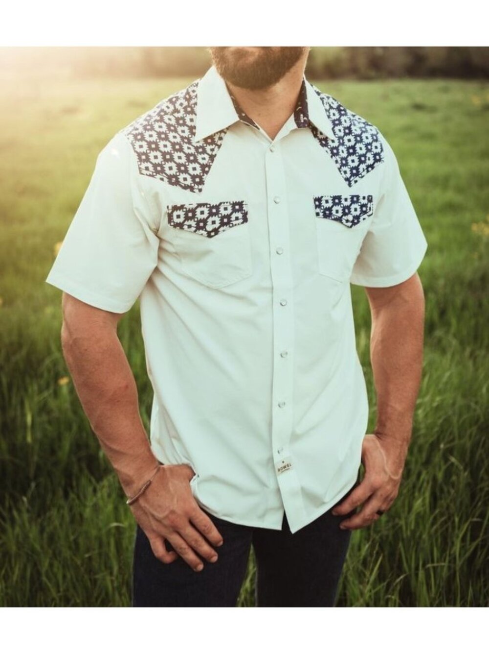 Rowel Western Men's blue white GEO pearl snap performance Shirt size XXL